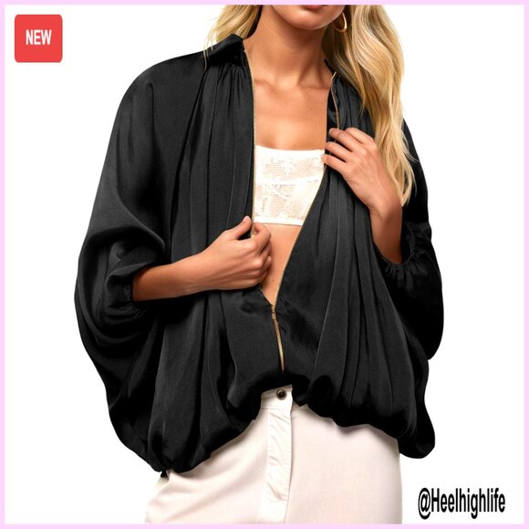 Oversized Bomber Jacket with Batwing Sleeves Pleated Hem Recycled Material